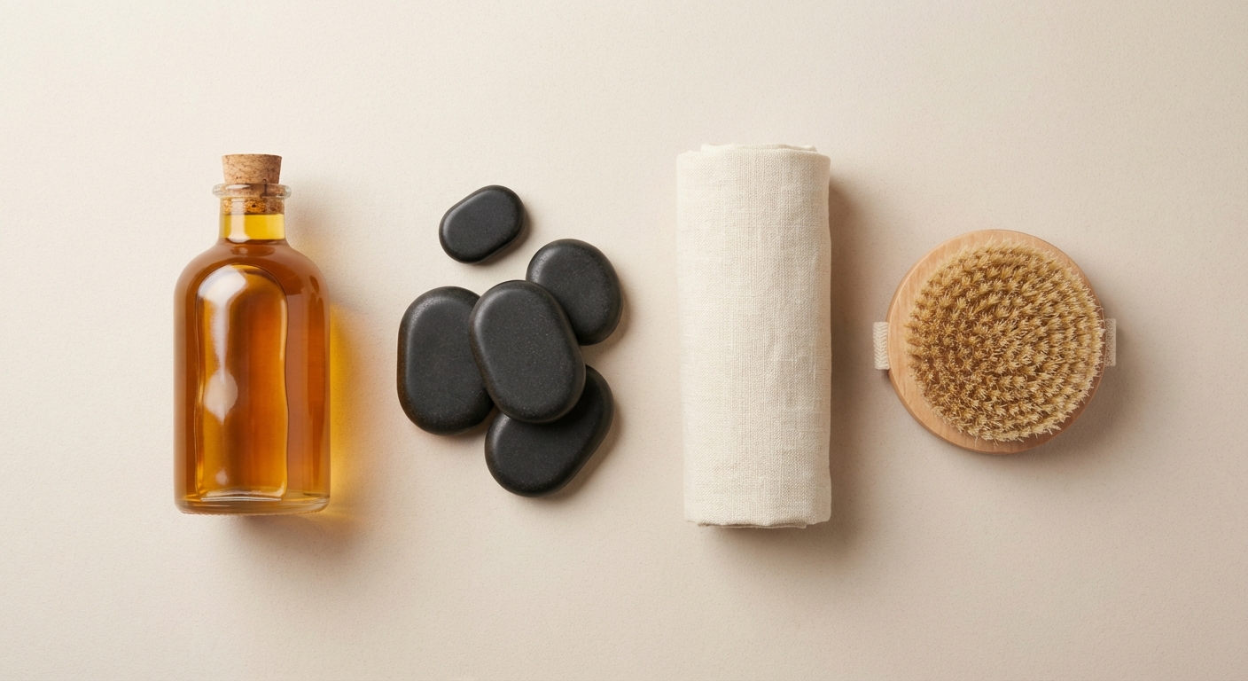 Массажные атрибуты — масло, камни, полотенце